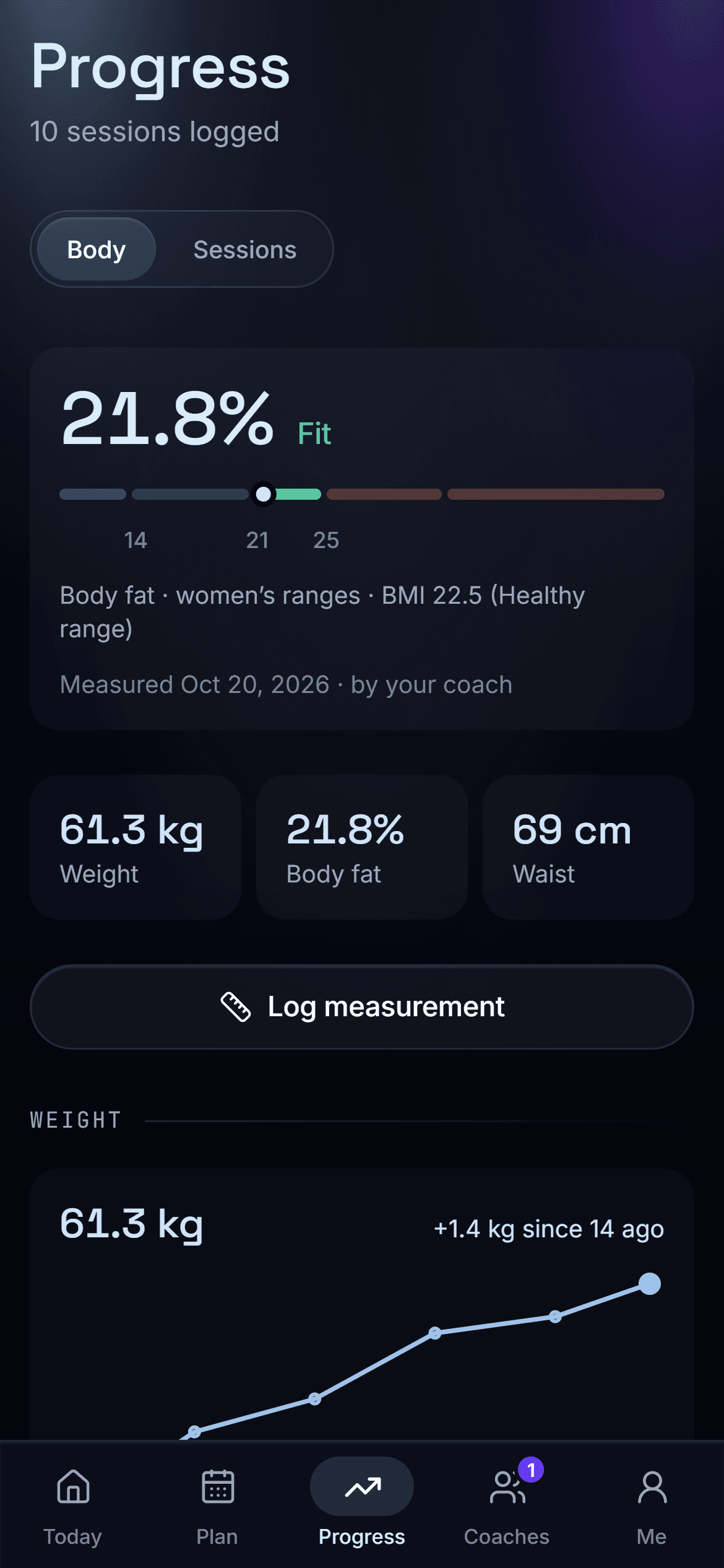 Progress: body fat, weight and waist with a weight chart