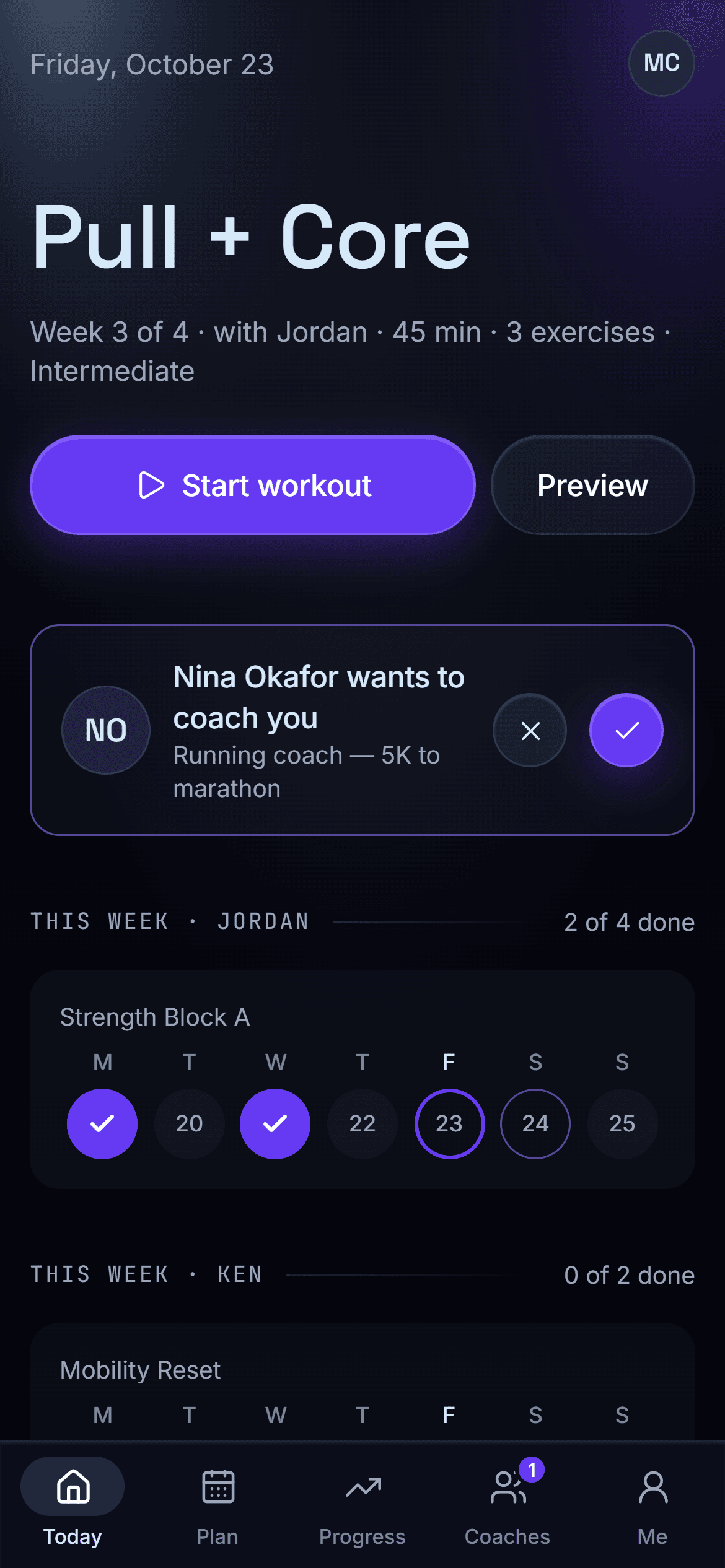 2Workout client home: today's workout from the trainer, with a Start workout button