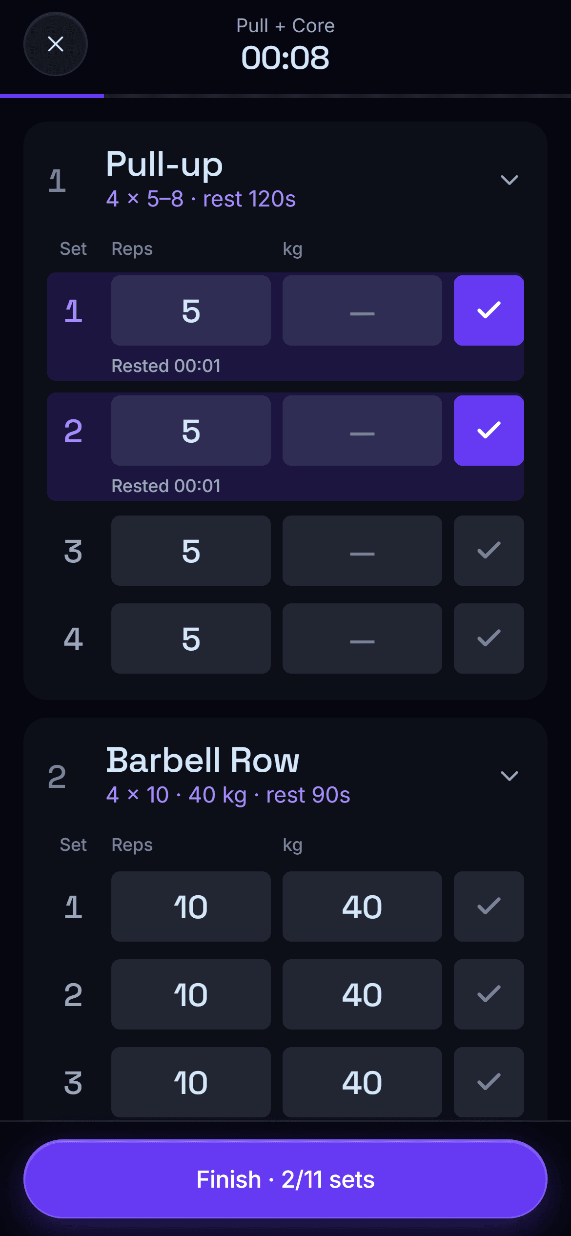 Workout logger: sets, reps and weight, with completed sets checked