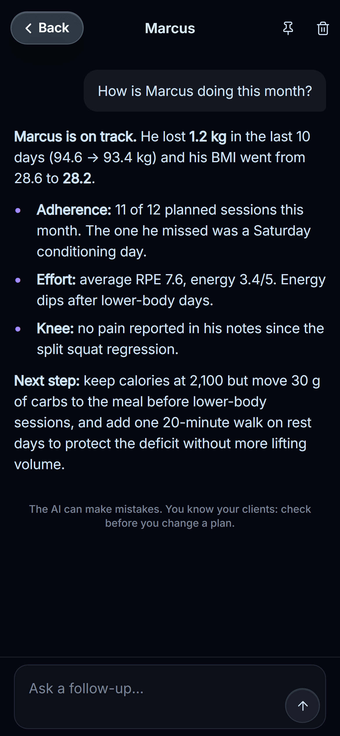The AI coach answering how a client is doing this month, with adherence and next steps